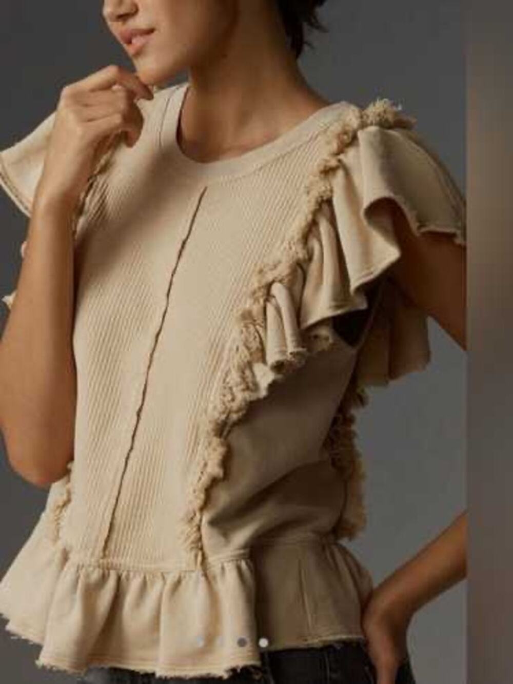 Anthropologie Pilcro Ribbed Ruffle Cotton Tan Sleeveless Peplum Top XS